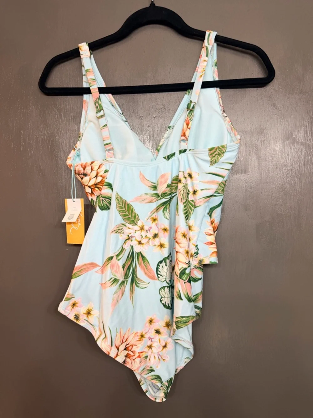 Kona Sol Light Blue Floral Wrap One-Piece Swimsuit